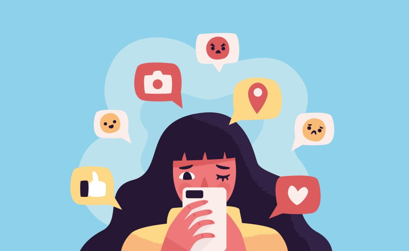Illustrierte Person die ein Smartphone in der Hand hält und von verschiedenen Icons und Emojis umgeben ist