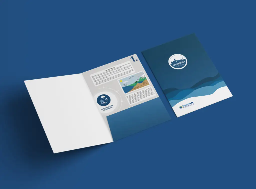 Aufgeschlagene Informationsbroschüre „Hochwasserwissen“ mit Illustrationen zum Wasserkreislauf und Logo des Interreg-Projekts.
