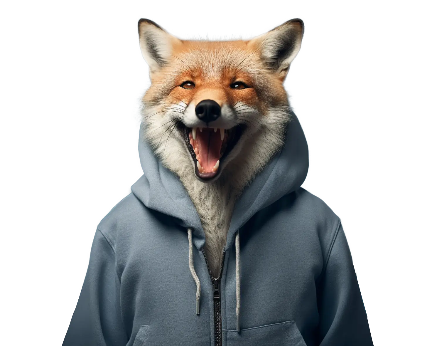 Fuchs in Pullover und geöffnetem Mund