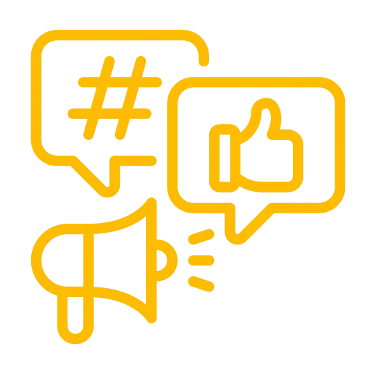 Gelbe Icons mit Lautsprecher, Like und Hashtag Symbol in Sprechblasen