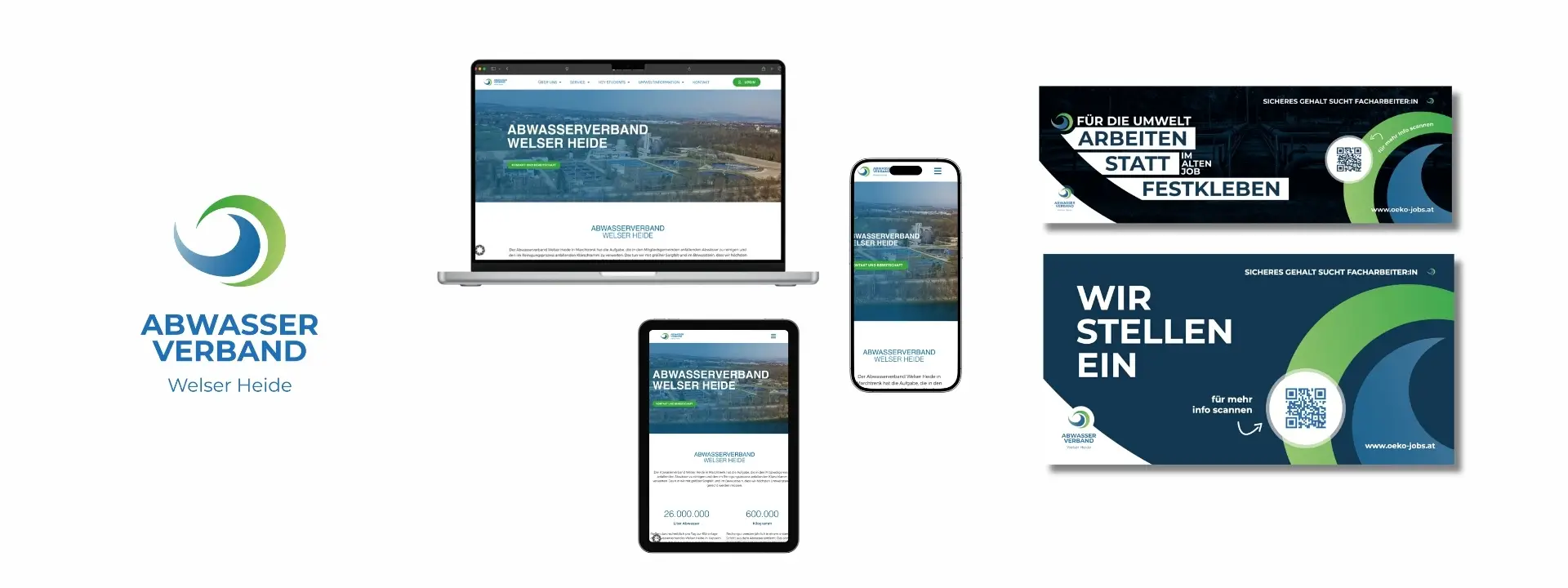 Kachel Abwasserverband WH mit Logo Plakaten und Website Mockups