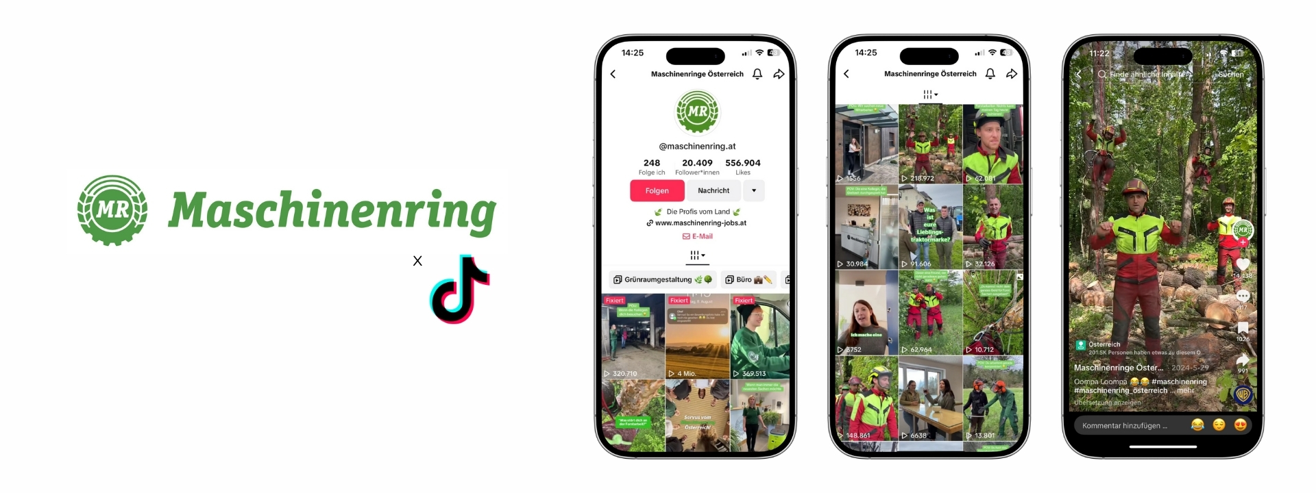 Kachel mit Maschinenring Logo & 3 Smartphones welche Tiktok Content zeigen