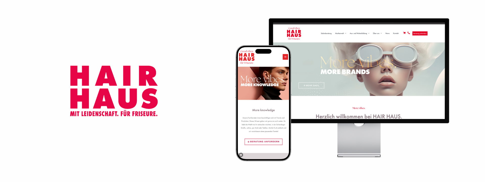Kachel mit Hair Haus Logo und Smartphone & Monitor mit angezeigter Website