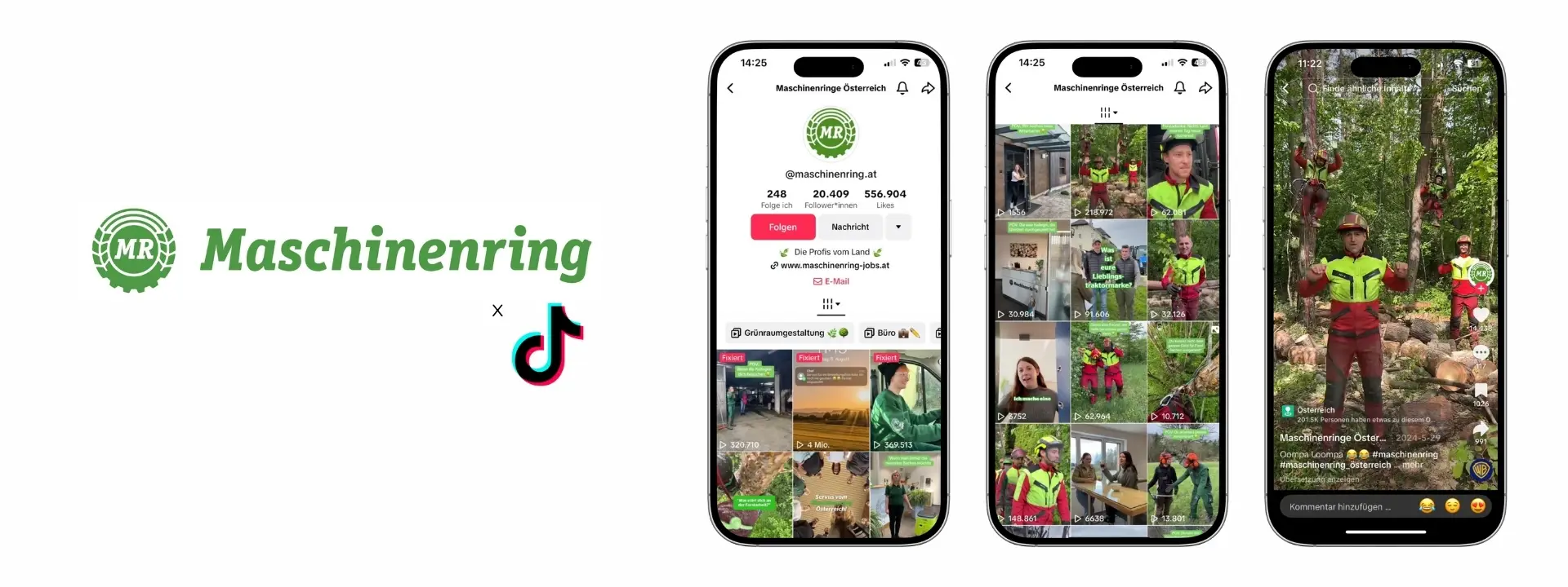 Kachel mit Maschinenring Logo & 3 Smartphones welche Tiktok Content zeigen