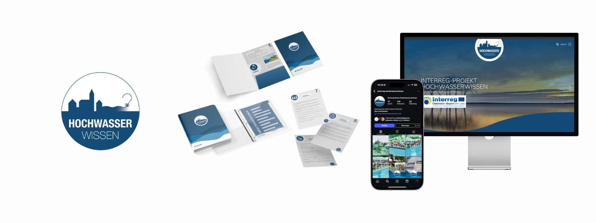 Hochwasserwissen Kachel mit Logo, Drucksorten, Smartphone und Monitor