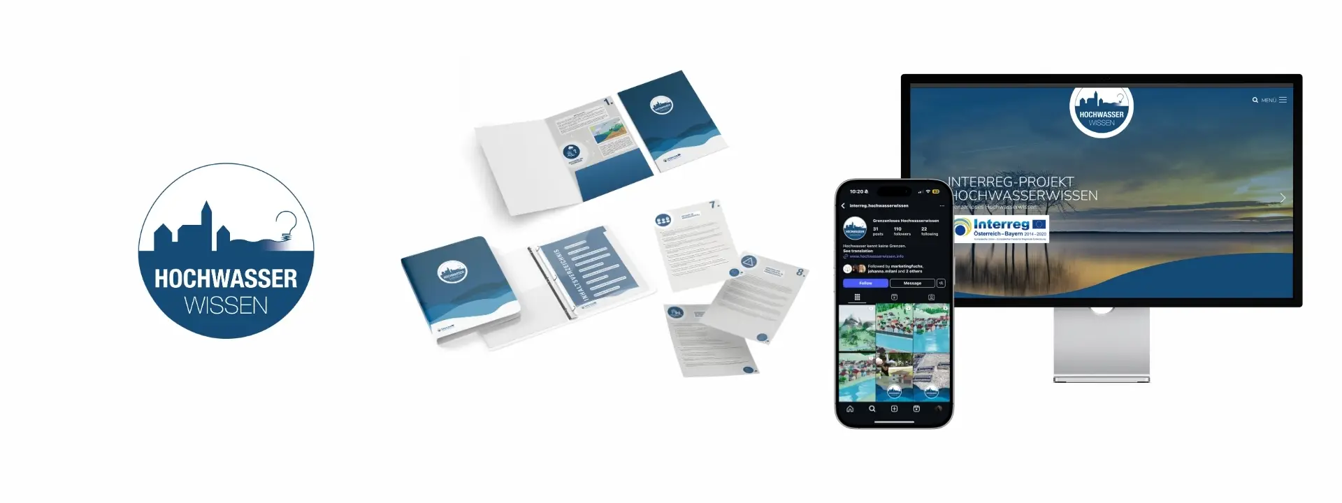 Hochwasserwissen Kachel mit Logo, Drucksorten, Smartphone und Monitor