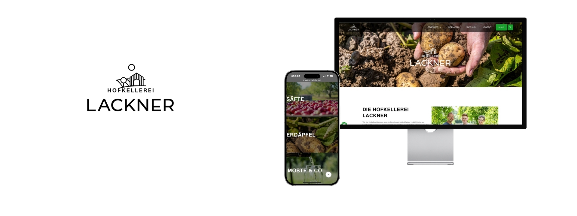 Kachel mit Lackner Logo und Smartphone und Monitor mit Lackner Website