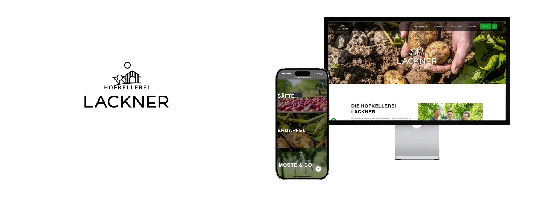 Kachel mit Lackner Logo und Smartphone und Monitor mit Lackner Website