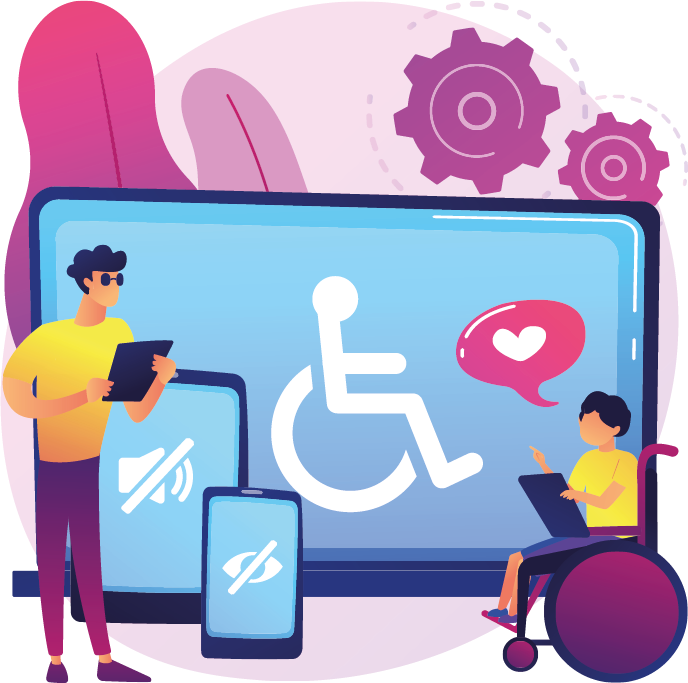 Illustration mit Mensch im Rollstuhl und Smartphone vor einem großen Bildschirm mit Barrierefreiheits-Symbol.