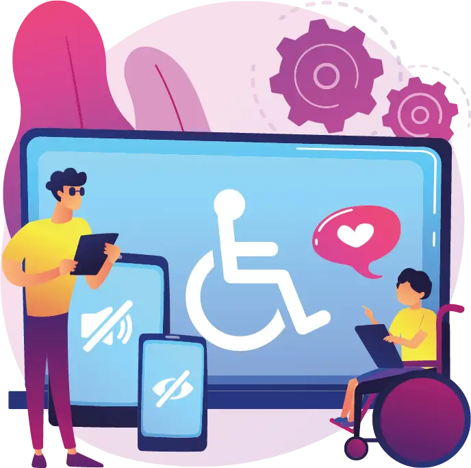 Illustration mit Mensch im Rollstuhl und Smartphone vor einem großen Bildschirm mit Barrierefreiheits-Symbol.