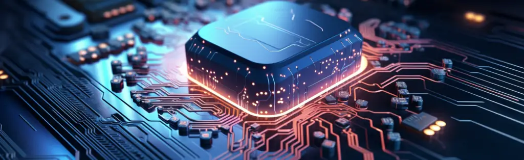 Nahaufnahme eines leuchtenden Computerchips auf einer Leiterplatte.