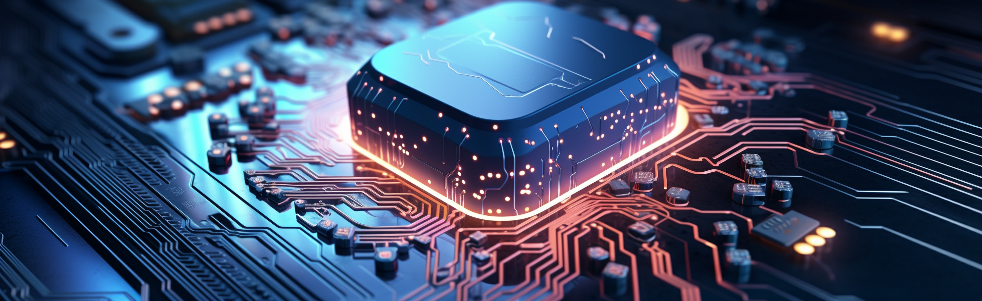 Nahaufnahme eines leuchtenden Computerchips auf einer Leiterplatte.