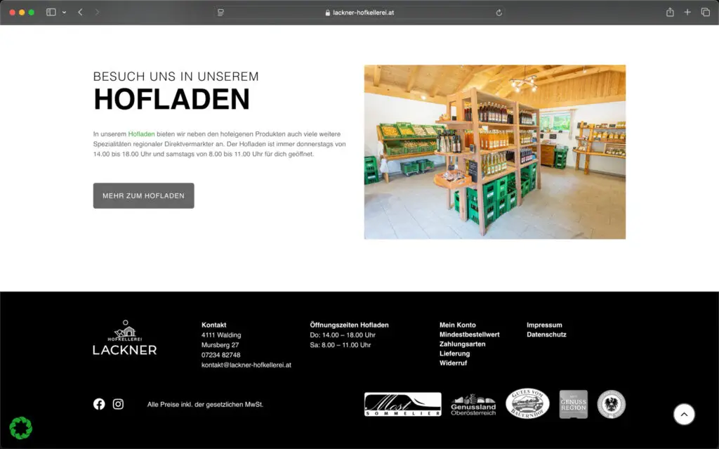 Screenshot Hofladen Hofkellerei Lackner Website