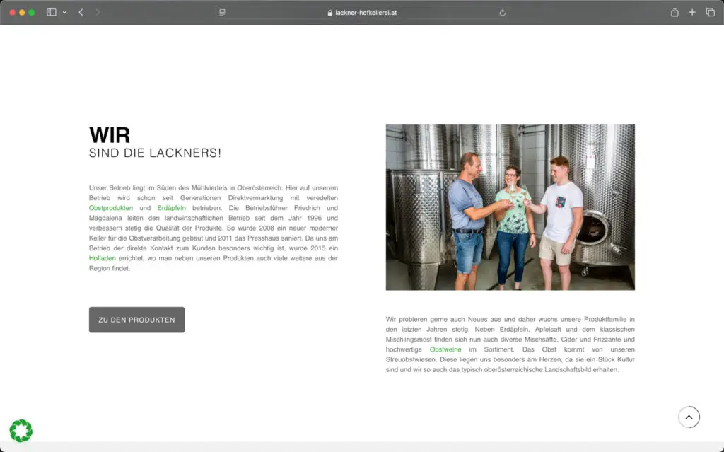 Screenshot Über uns Hofkellerei Lackner Website