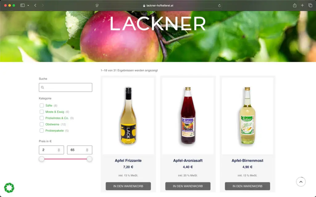 Screenshot Shop Hofkellerei Lackner Website
