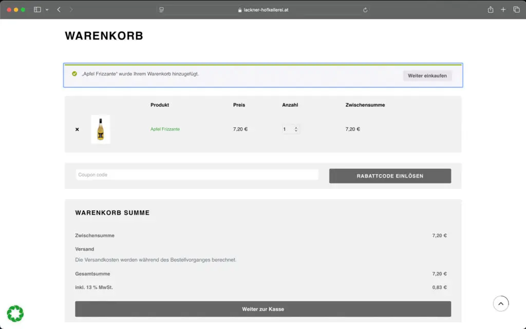 Screenshot Warenkorb Hofkellerei Lackner Website