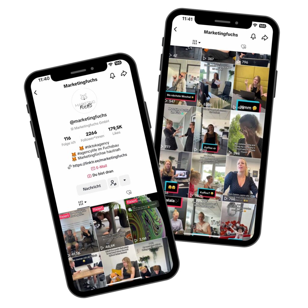 Smartphones zeigen den Tiktok Account von Marketingfuchs