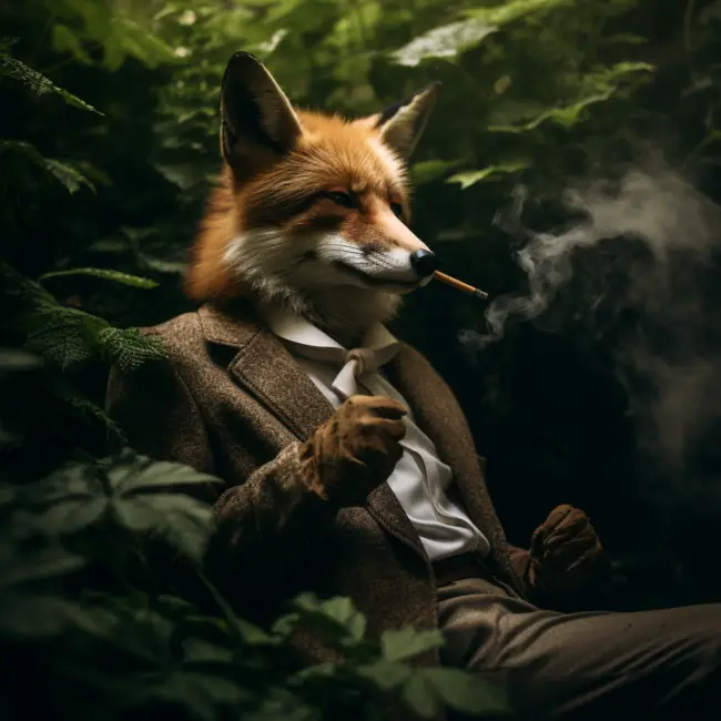 Illustration eines Fuchses im Anzug, der raucht – künstlerisches Fantasiebild im Wald
