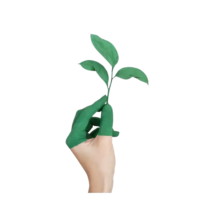 Hand, teilweise grün bemalt, hält einen kleinen Pflanzentrieb.