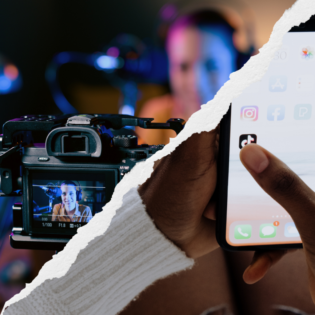 Geteiltes Bild: Links eine Kamera mit Videoaufnahme einer Frau, rechts eine Hand mit Smartphone und TikTok-App.