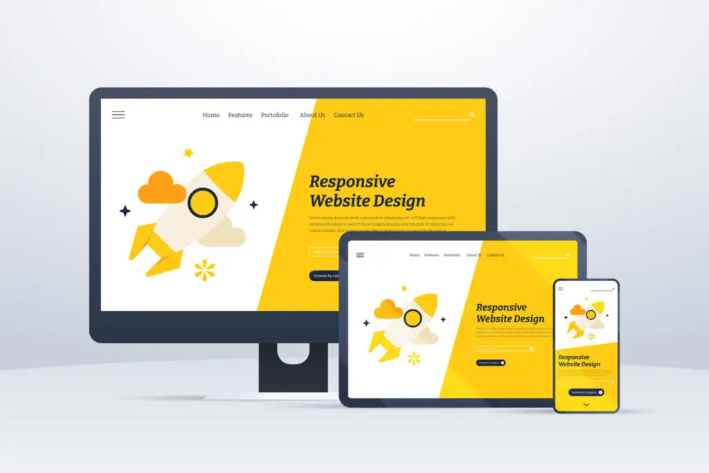 Responsive Website Design auf Monitor, Tablet und Smartphone mit gelbem Raketenmotiv.