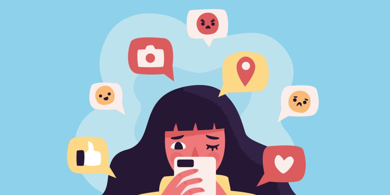 Illustration eines Mädchens am Smartphone, umgeben von Social-Media-Symbolen.