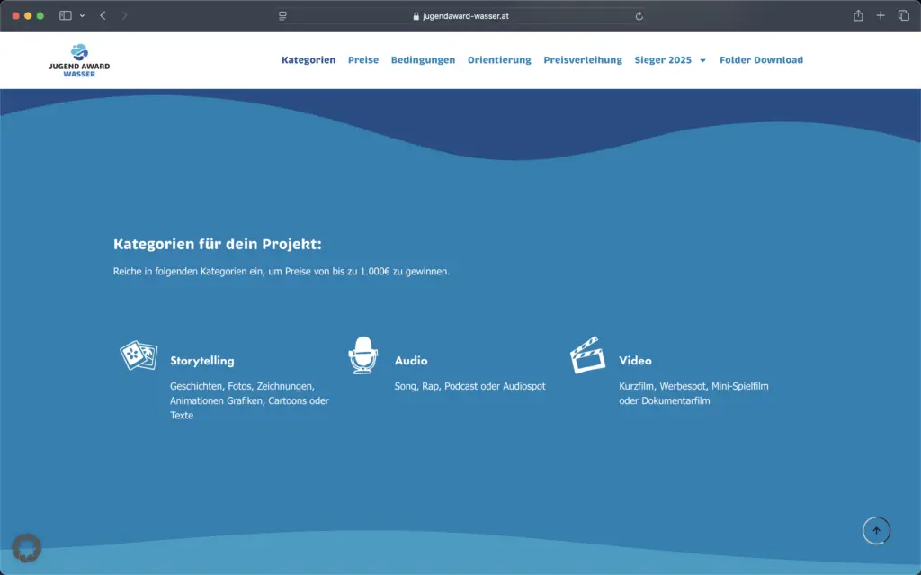 Screenshot Jugend Award Wasser Website