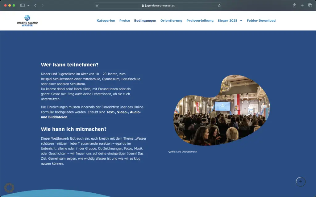 Screenshot Jugend Award Wasser Website