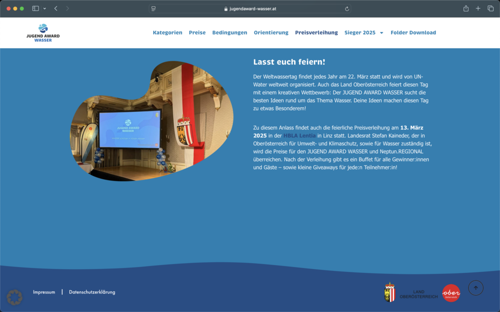 Screenshot Jugend Award Wasser Website