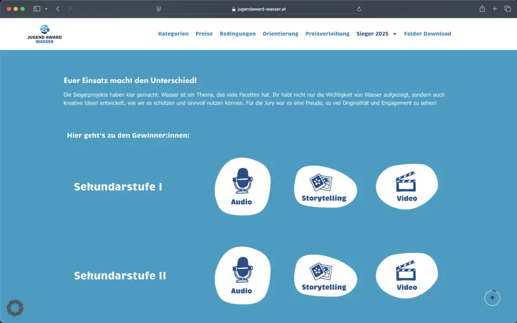 Screenshot Jugend Award Wasser Website