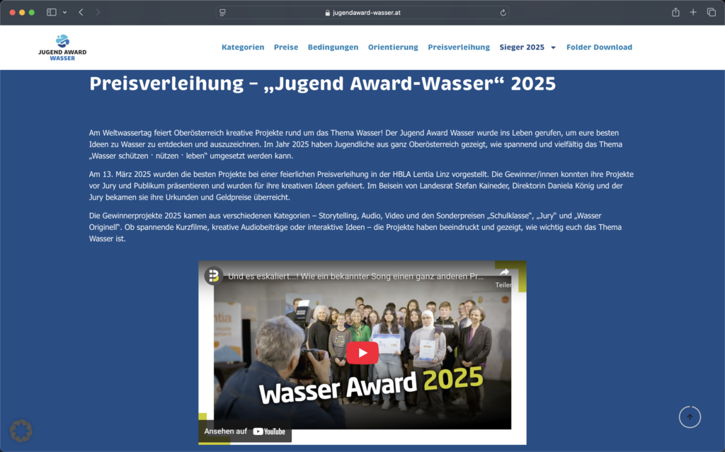 Screenshot Jugend Award Wasser Website