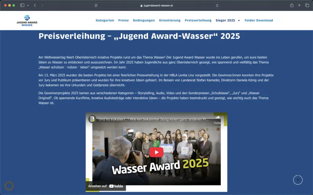 Screenshot Jugend Award Wasser Website