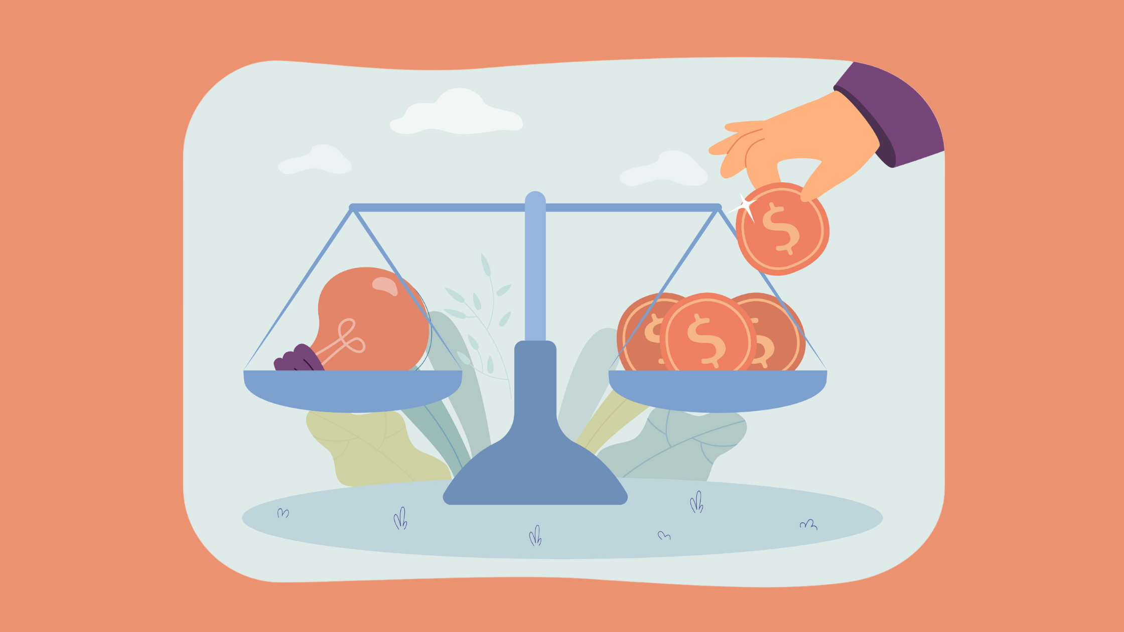 Waage mit Glühbirne und Münzen – Darstellung von Ideenbewertung und Investition