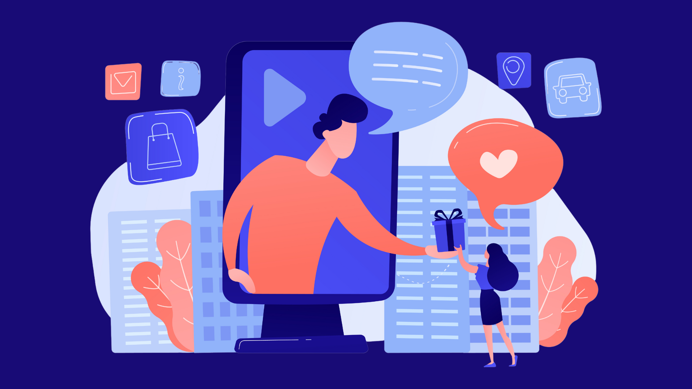 Illustration einer Person, die aus einem Bildschirm heraus ein Geschenk überreicht.