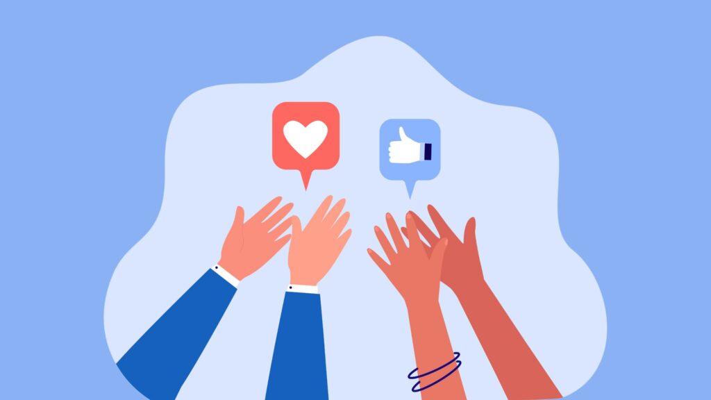 Illustration von Händen, die Social-Media-Like- und Herz-Symbole erreichen.