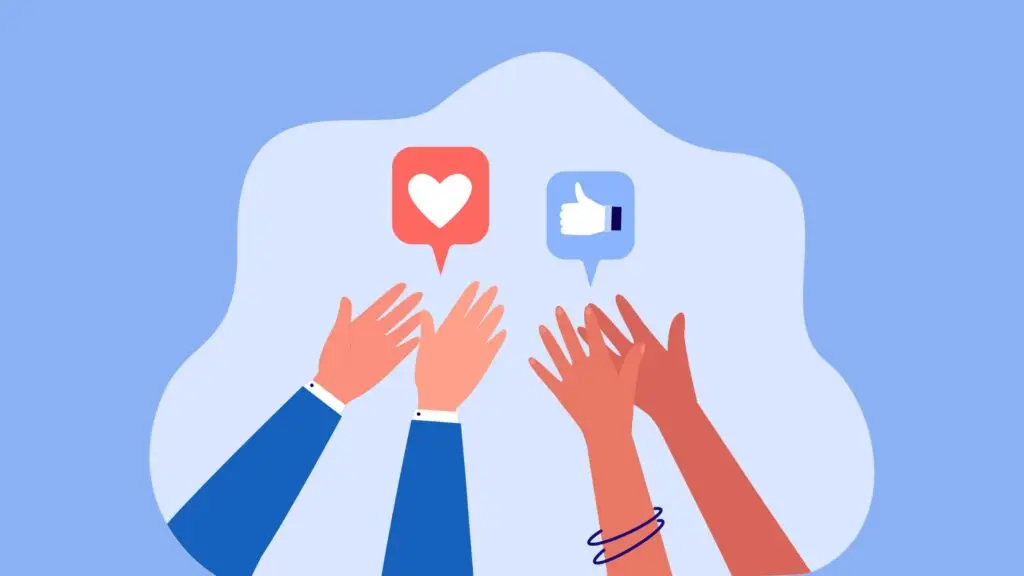 Illustration von Händen, die Social-Media-Like- und Herz-Symbole erreichen.