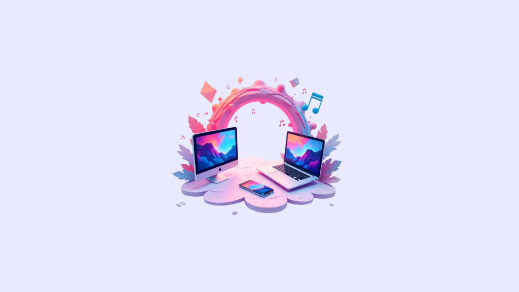 Bunte Illustration mit Laptops, Smartphone und Cloud, verbunden durch ein Regenbogen-Element.