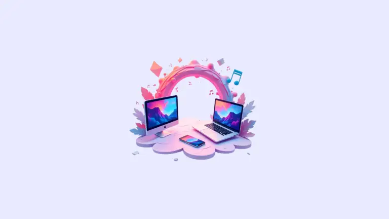 Bunte Illustration mit Laptops, Smartphone und Cloud, verbunden durch ein Regenbogen-Element.