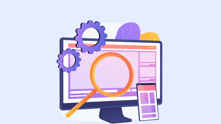 Illustration eines Monitors mit Lupe und Zahnrädern, Symbol für SEO.