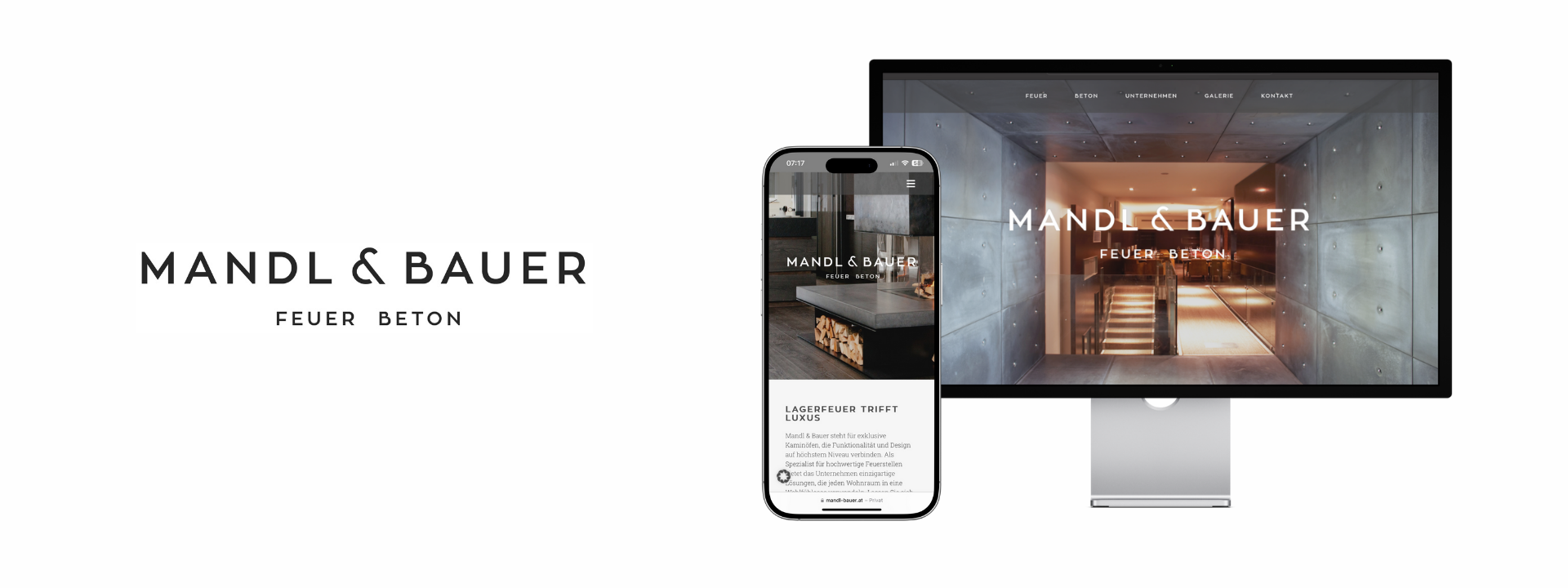 Kachel mit Mandl & Bauer Logo sowei Smartphone und Monitor mit der Mandl & Bauer Website