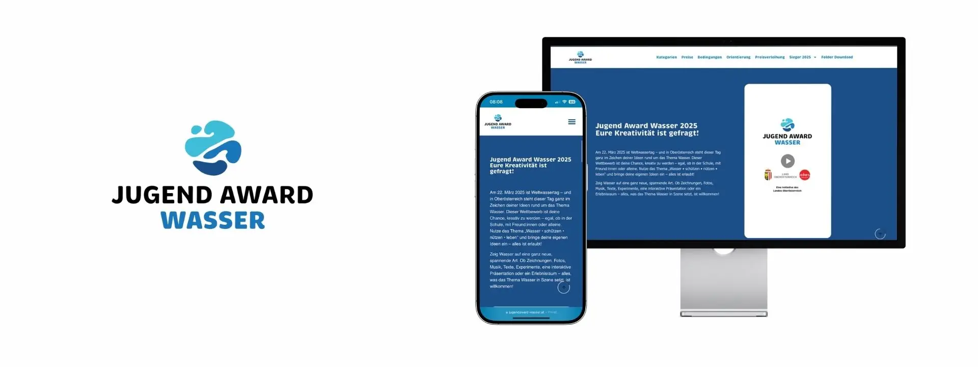 Kachel Jugend Award Wasser mit Logo und Smartphone und Monitor mit JAW Website