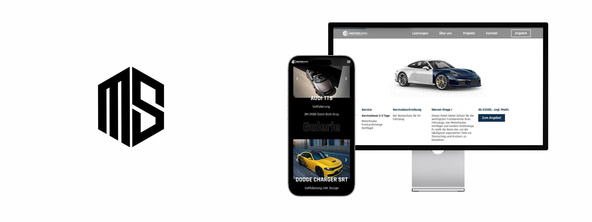 Motorskins Logo mit Responsive Webdesign für Fahrzeugfolierung – moderne Website auf Smartphone und Desktop