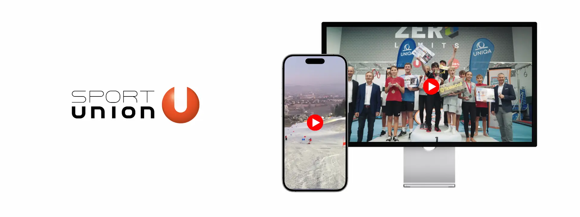 Kachel mit Sportunion Logo, Monitor & Smartphone mit Videos