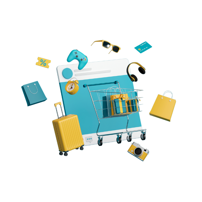 3D-Illustration eines Einkaufswagens mit Taschen, Koffer und Gadgets.