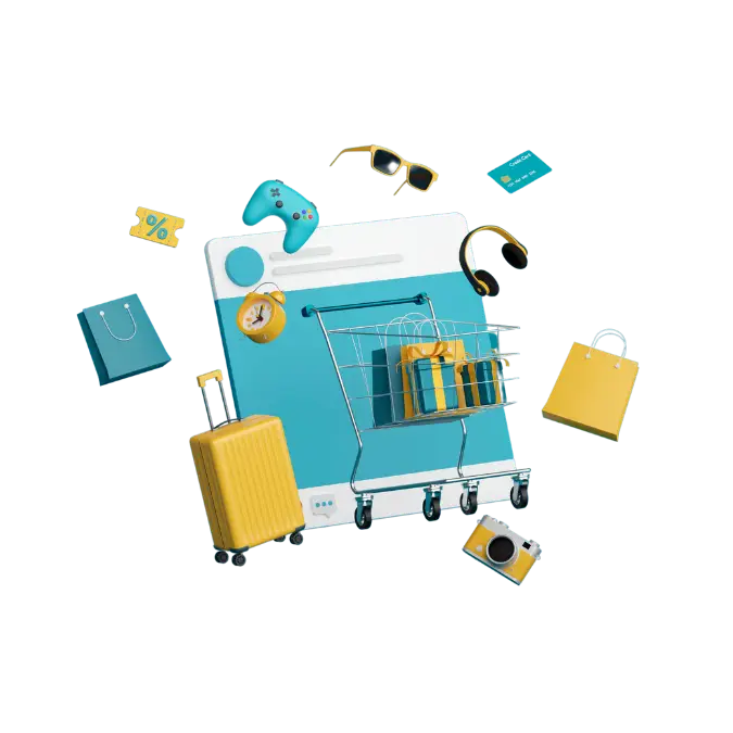 3D-Illustration eines Einkaufswagens mit Taschen, Koffer und Gadgets.