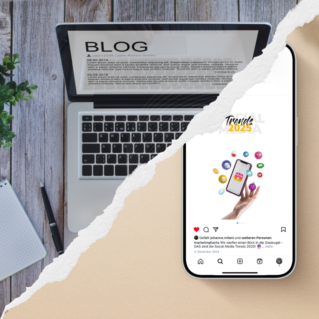 Geteiltes Bild: Links ein Laptop mit Blogtext, rechts ein Smartphone mit einem Social Media Post zu Trends 2025.