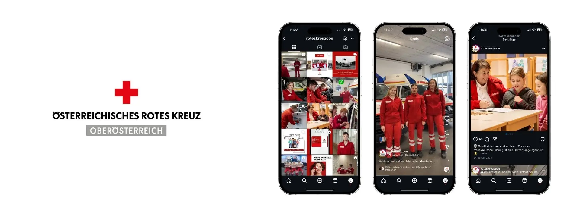 Kachel mit Rotes Kreuz Oberösterreich Logo und Smartphones welche Instagram Beiträge des Roten Kreuz Oberösterreich zeigen