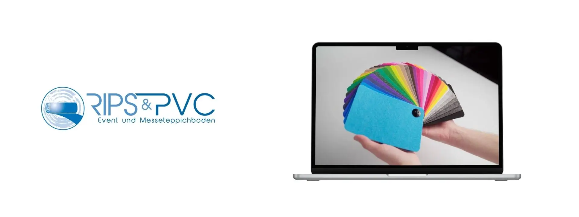 Kachel mit Rips & PVC Logo und Notebook welches ein Bild von Teppichmustern zeigt.