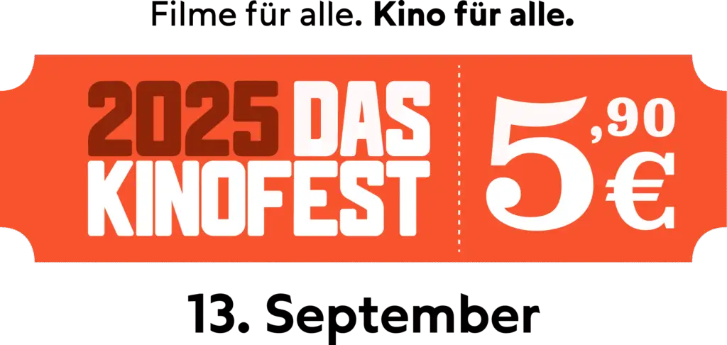 Das Kinofest 2025 Logo Orange mit Zusatz "Filme für alle. Kino für alle.