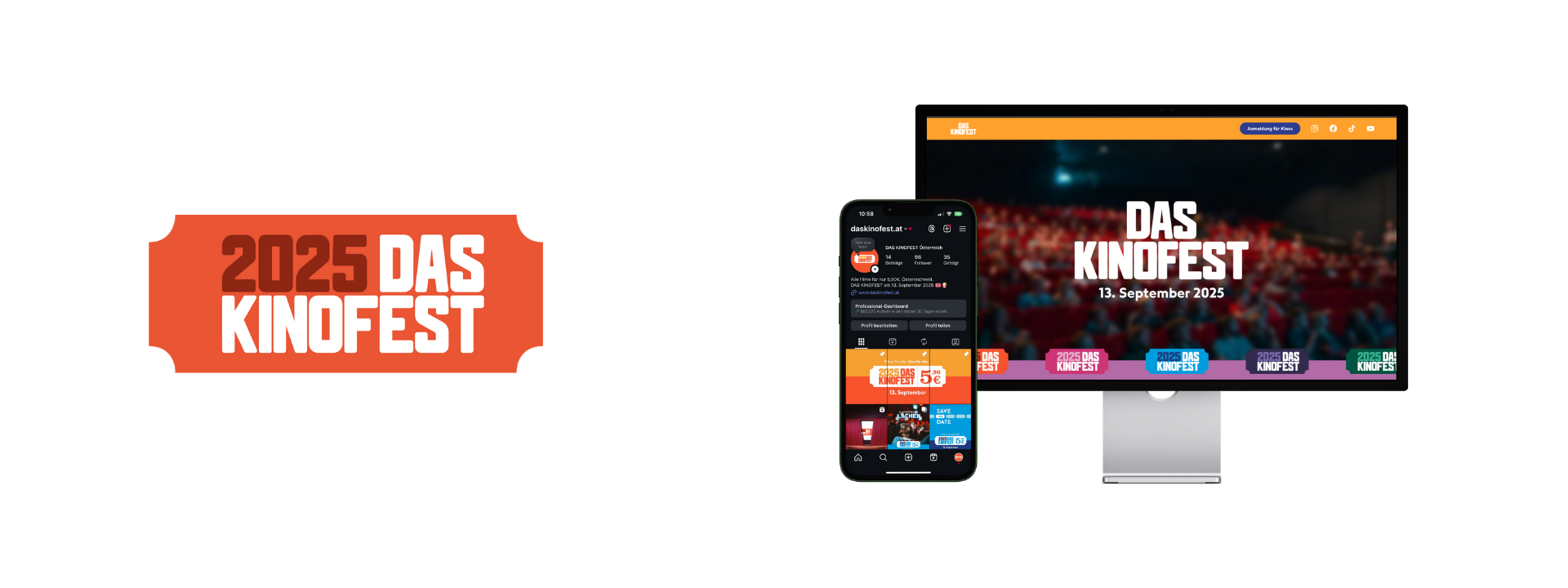 Kachel zeigt das Logo des Kinofest 2025 und einen Monitor & ein Smartphone mit der Kinofest2025 Website.